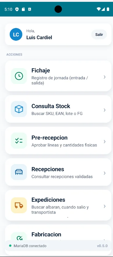 Menú principal de la aplicación Android, con los accesos a fichaje, consulta de stock, pre-recepción, recepciones, expediciones y fabricación.